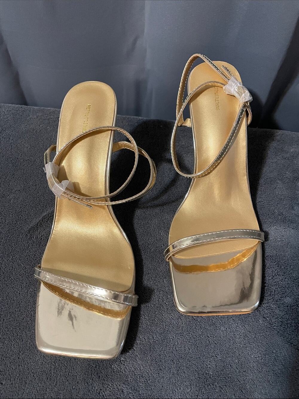 PrettyLittleThing Metallic Gold Square-Toe Strappy Heels Size 8 NWOT